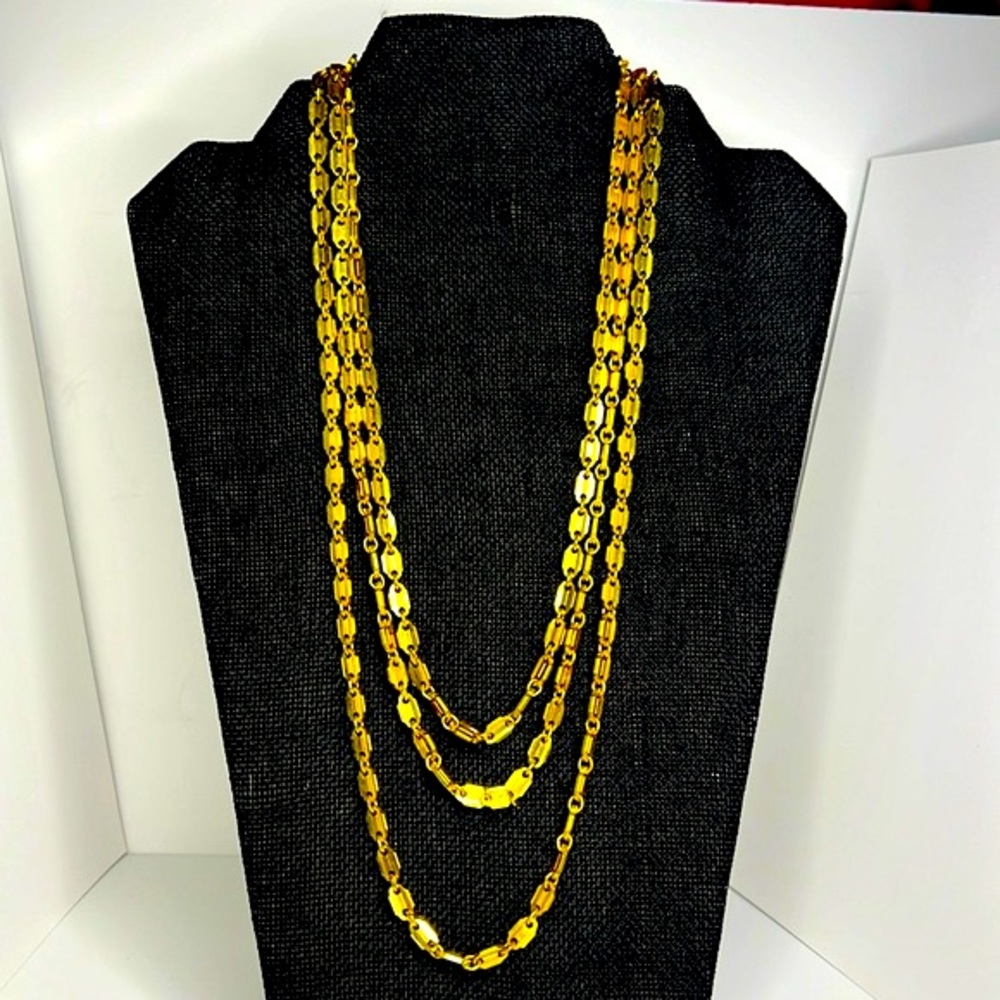 3 Strand Necklace, Gold Tone with Secure Spring Ring, 24” Layered Chains, Vtg